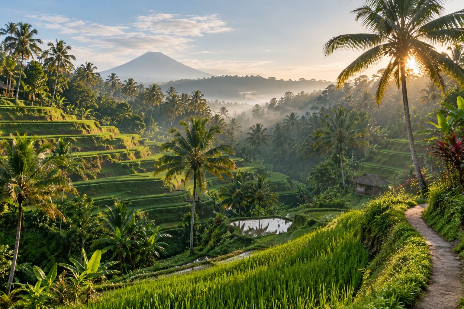Groene rijstterrassen en palmbomen op Bali