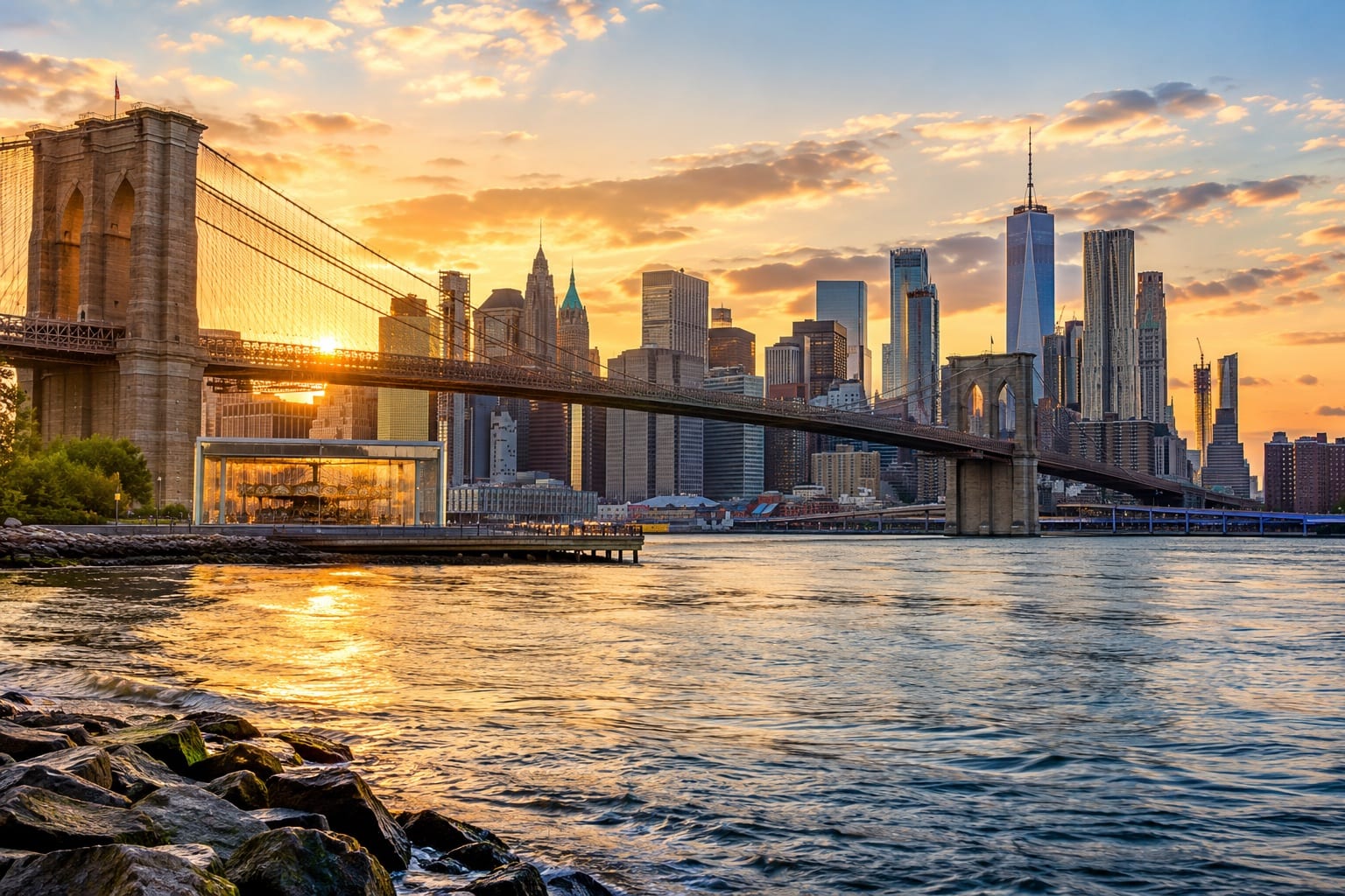 Brooklyn Bridge en de skyline van Manhattan in New York