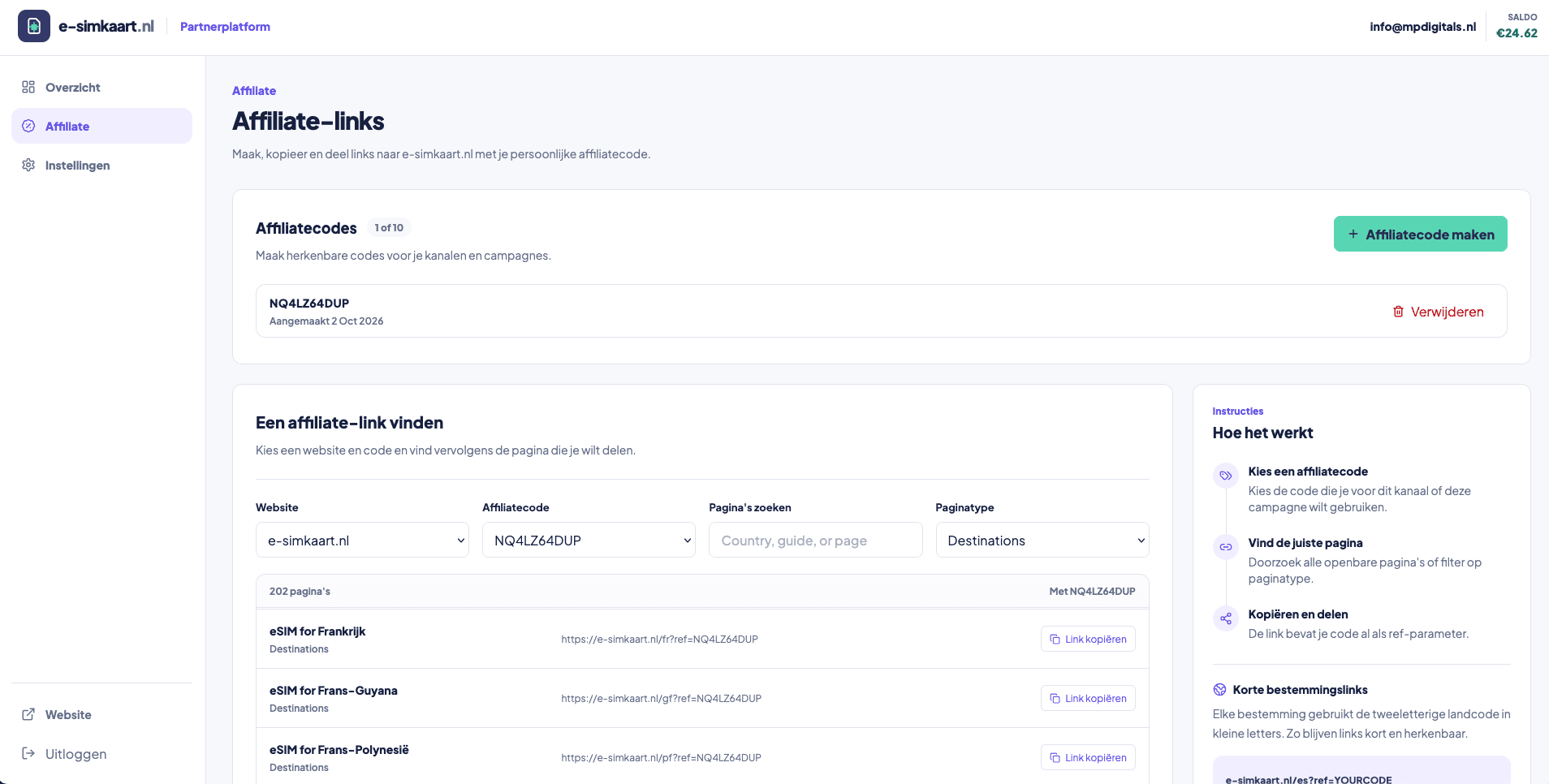 Deeplinks maken en beheren in het partnerplatform van e-simkaart.nl