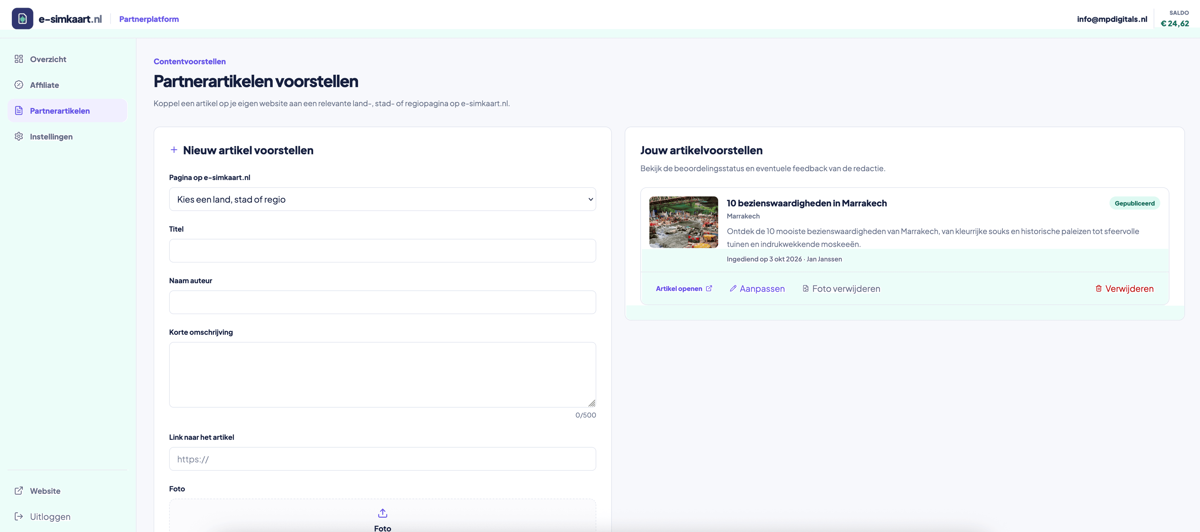 Een partnerartikel voorstellen en de publicatiestatus bekijken in het partnerplatform van e-simkaart.nl